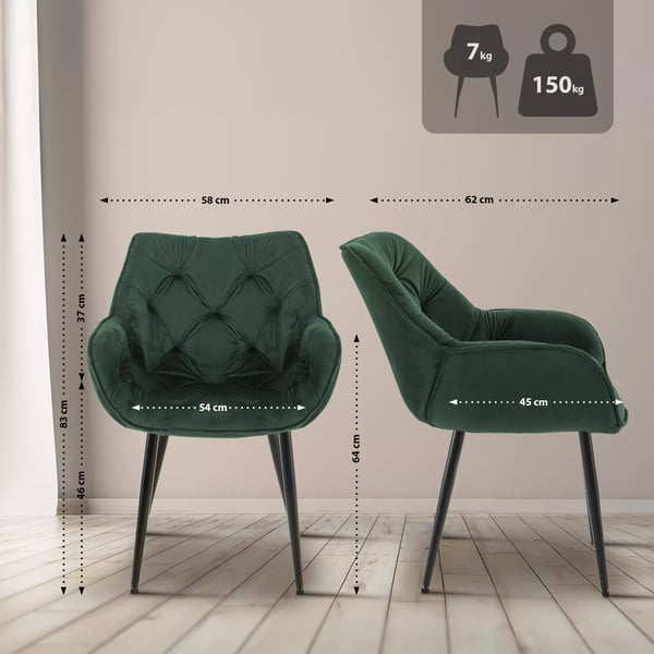 Sæt med 4 grønne velour spisebordsstole med metalben