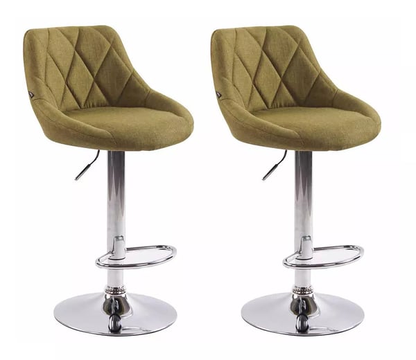 Set med 2 gröna barstolar i tyg Lazio med metallram i kromlook, justerbar höjd och 360° svängfunktion