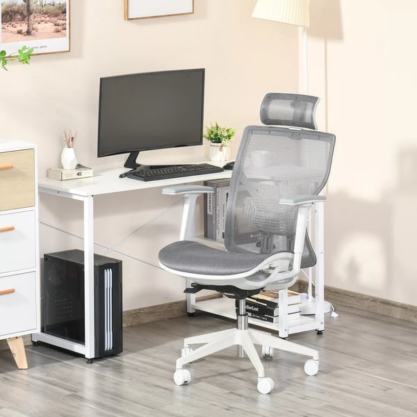 Vinsetto Ergonomisk Kontorstol - Grå, Justerbar Skrivebordsstol med Lændestøtte og Armlæn, Mesh-stof og Skum, 360° Hjul