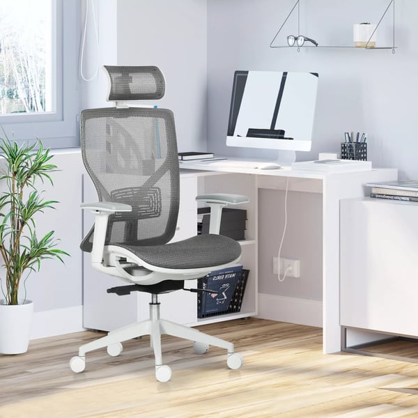 Vinsetto Ergonomisk Kontorstol - Grå, Justerbar Skrivebordsstol med Lændestøtte og Armlæn, Mesh-stof og Skum, 360° Hjul