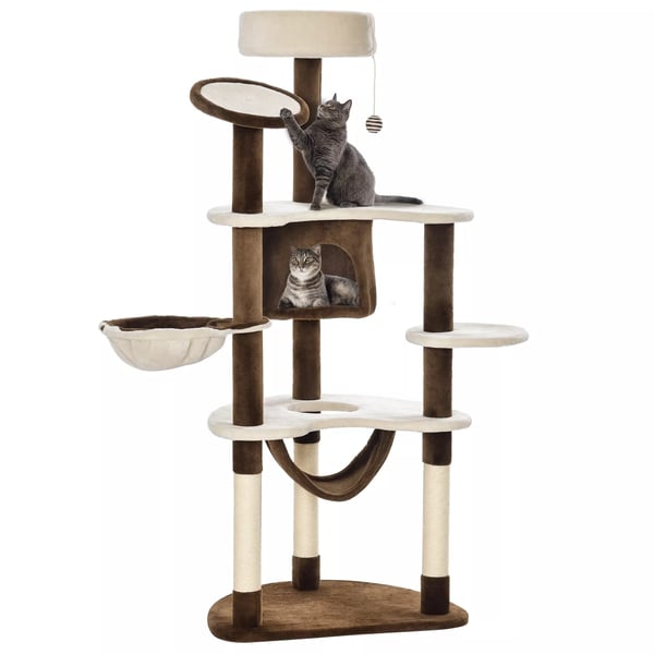 PawHut Kradsetrfe XXL med Kattehule & hhngekjoje - Multifunktionelt Kradsetrfe til Katte, Plys, Creme/Kaffebrun, 213x91x122cm