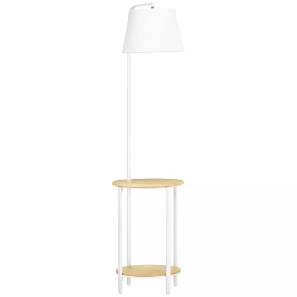 HOMCOM Standerlampe med 2 hylder, hvid metal, natur bambus, stofskærm, moderne gulvlampe til stuen, 162 cm