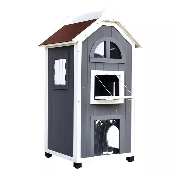 PawHut Monitasoinen Kissatalo Kuusipuuta Asfalttikatto Harmaa 59x55x109cm