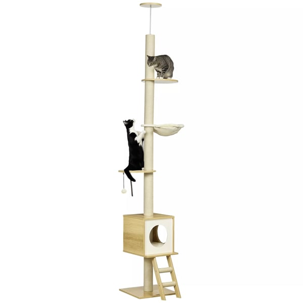 PawHut Kattokorkea Raapimispylväs Kissa-talolla ja Riippumatolla, 240-260cm, Vaaleanruskea/Beige