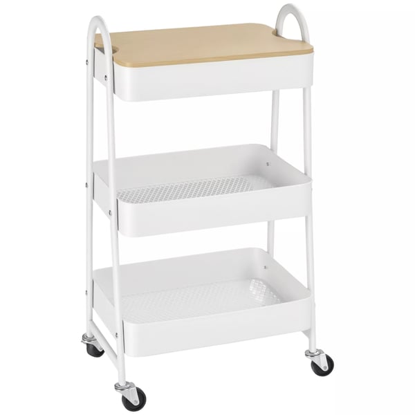 HOMCOM Serveringsvagn Kök 3-vånings metallrullvagn med lock, vit, 45x31x79,4cm