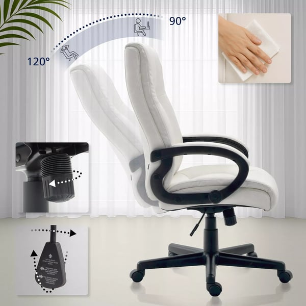 CLP Kontorstol XL Sparta - Kunstlæder Hvid med Plaststel, Ergonomisk, Højdejusterbar, Vippemekanisme, Polstrede Armlæn & Nakkestøtte, Stille Hjul