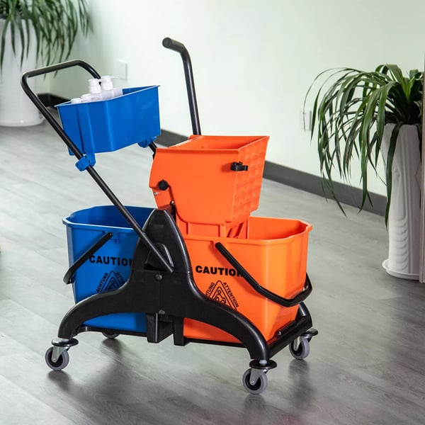 HOMCOM rengøringsvogn, professionel rengøringsvogn med presse, 2 spande + opbevaring, orange/blå