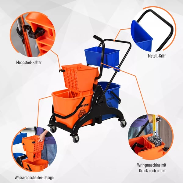 HOMCOM rengøringsvogn, professionel rengøringsvogn med presse, 2 spande + opbevaring, orange/blå