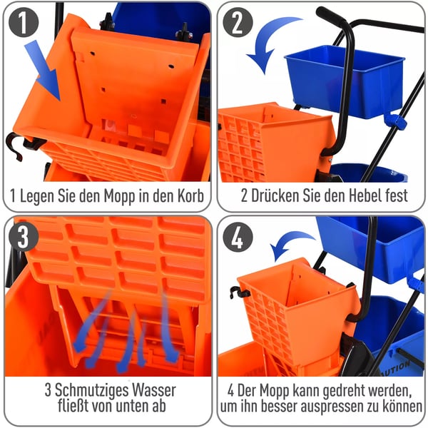 HOMCOM rengøringsvogn, professionel rengøringsvogn med presse, 2 spande + opbevaring, orange/blå