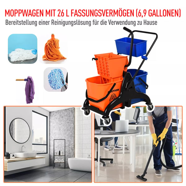 HOMCOM rengøringsvogn, professionel rengøringsvogn med presse, 2 spande + opbevaring, orange/blå
