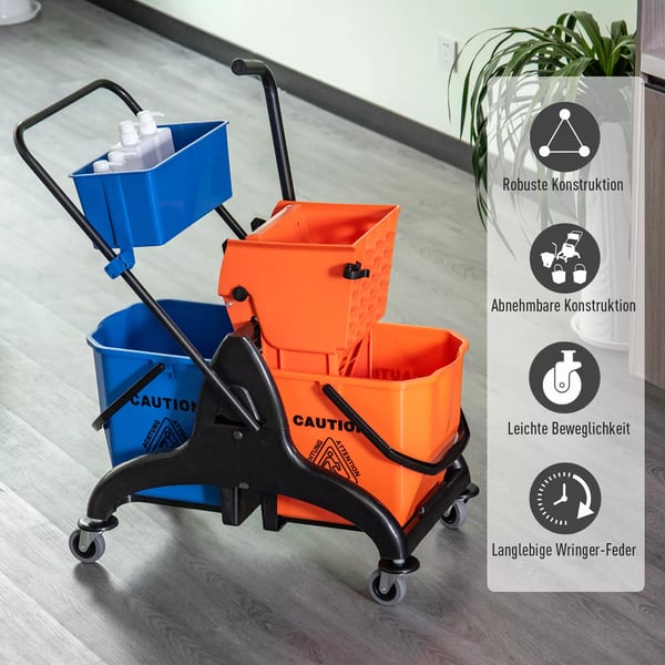 HOMCOM rengøringsvogn, professionel rengøringsvogn med presse, 2 spande + opbevaring, orange/blå