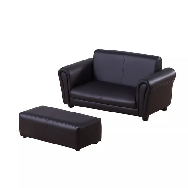 HOMCOM Barnsoffa med fotskammel, 2-delat set i svart trä/PVC/skum, Barnmöbler 83x42x41cm