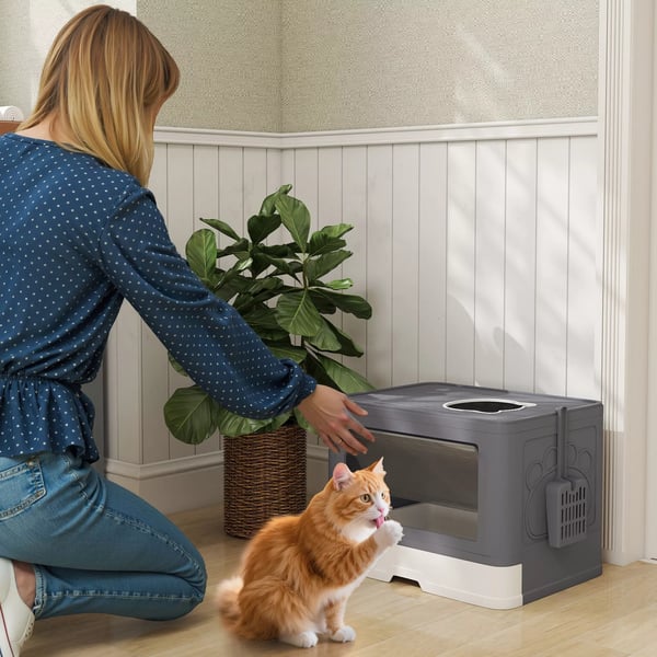 PawHut Kattebak med Låg & Skovl - Indendørs Plasbakke til Katte (Grå, op til 4 kg)