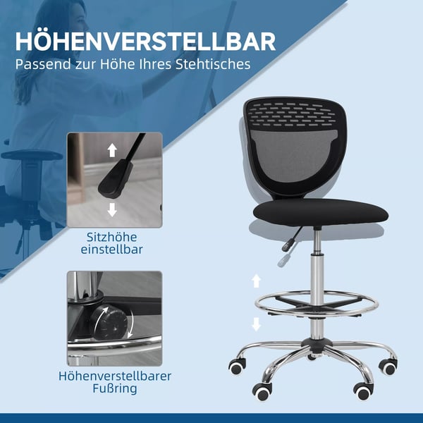 työtuoli, säädettävä jalkarengas, korkeus säädettävä, verkkokangas, ergonominen, musta