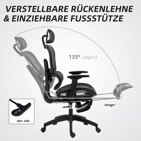 Ergonominen toimistotuoli pyörillä, säädettävä, jalkatuki, selkä- ja niskatuki, verkkokangas, musta