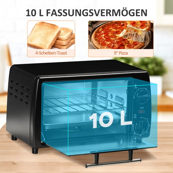 HOMCOM Miniovn 10L, 750W, Sort - Justerbar Temperatur & Timer, Inkl. Bageplade & Rist, 36,5x26x22 cm (Metal)