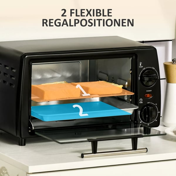 HOMCOM Miniovn 10L, 750W, Sort - Justerbar Temperatur & Timer, Inkl. Bageplade & Rist, 36,5x26x22 cm (Metal)