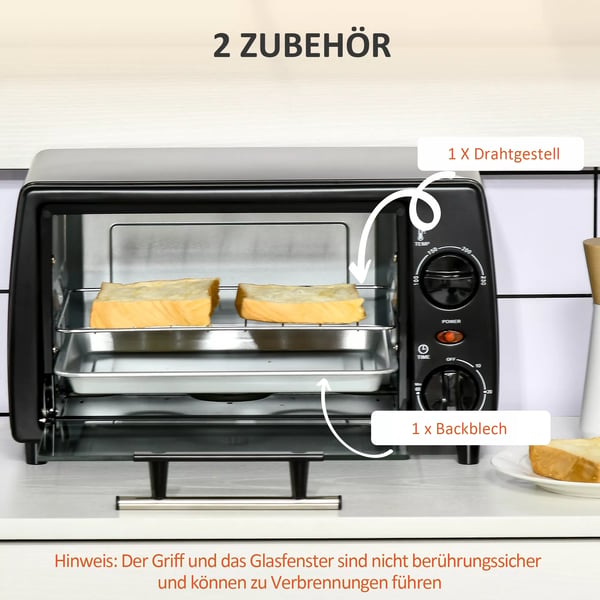 HOMCOM Miniovn 10L, 750W, Sort - Justerbar Temperatur & Timer, Inkl. Bageplade & Rist, 36,5x26x22 cm (Metal)