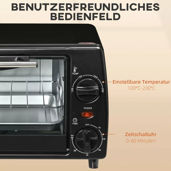 HOMCOM Miniovn 10L, 750W, Sort - Justerbar Temperatur & Timer, Inkl. Bageplade & Rist, 36,5x26x22 cm (Metal)