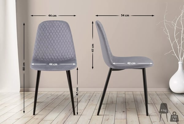 Sæt med 4 grå fløjls Giverny spisebordsstole med sorte metalstel