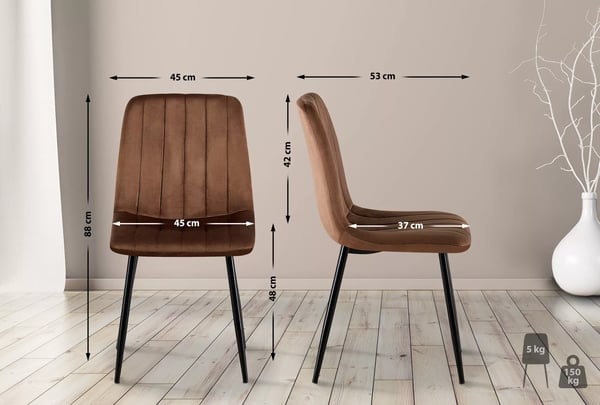 Sæt med 4 Dijon brune velourstole med metalstel - Gulvbeskyttere inkluderet - Nem pleje stof - Moderne tidløst design - 4-benet robust stel