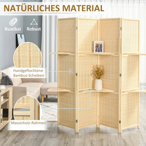 Flisamdelere, Bambus & Fyrretræ, 2 Hylder, Foldbar, Naturfarve, 180x180cm