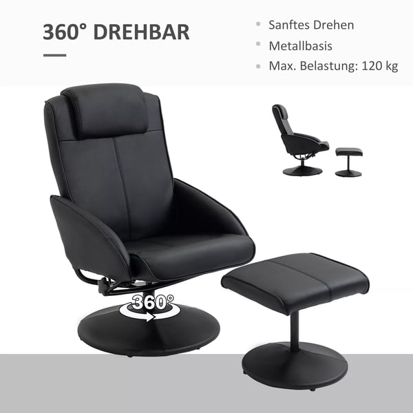 Relaxstol med Fodskammel, Sort Kunstlæder, Vippebar, Ergonomisk, 120kg belastning