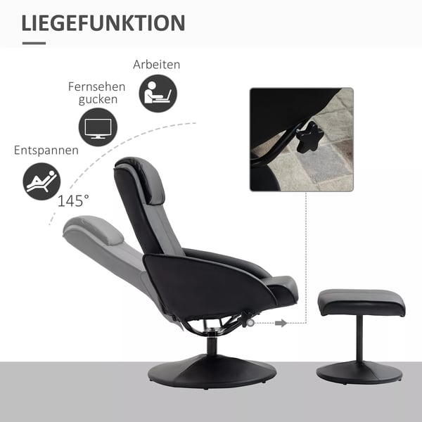 Relaxstol med Fodskammel, Sort Kunstlæder, Vippebar, Ergonomisk, 120kg belastning