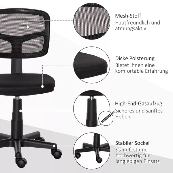kontorstol, ergonomisk skrivebordsstol, højdejusterbar drejestol, pladsbesparende, sort