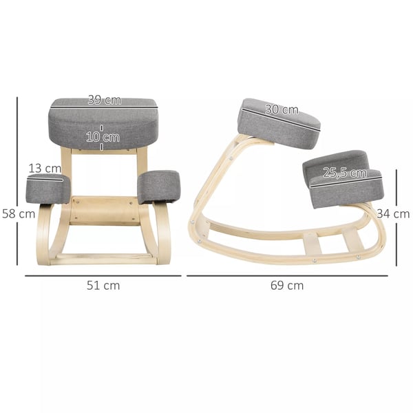 Vinsetto Ergonomisk Knæstol, Birkestræ, Grå