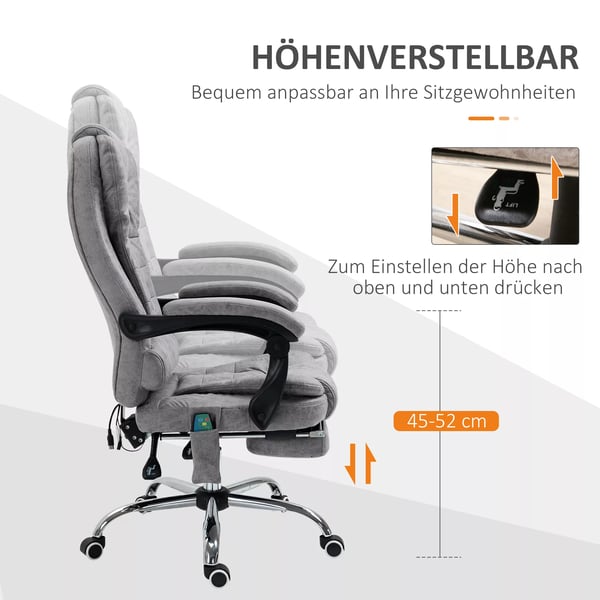 Vinsetto kontorstol med massagefunktion, ergonomisk skrivebordsstol med ligge- og varmefunktion, fjernbetjening, grå