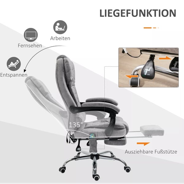 Vinsetto kontorstol med massagefunktion, ergonomisk skrivebordsstol med ligge- og varmefunktion, fjernbetjening, grå