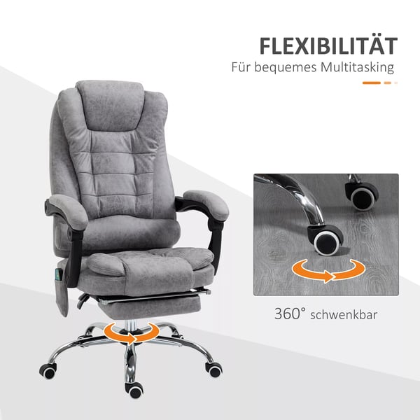 Vinsetto kontorstol med massagefunktion, ergonomisk skrivebordsstol med ligge- og varmefunktion, fjernbetjening, grå