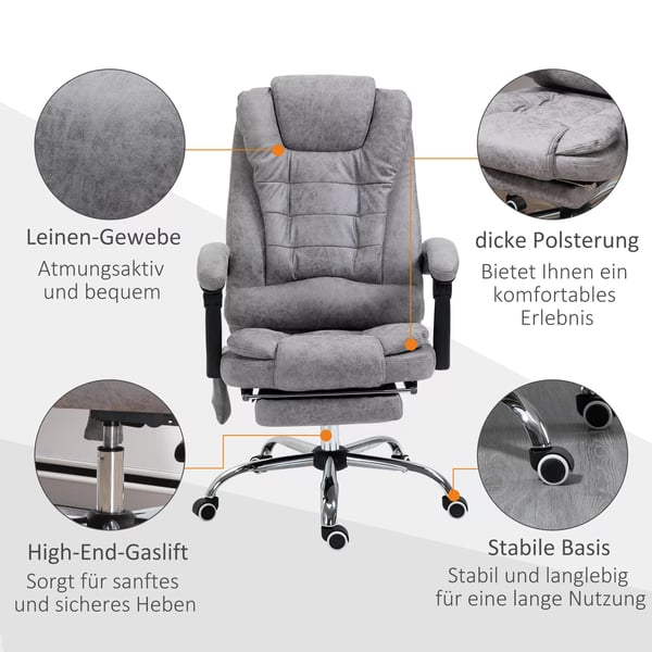 Vinsetto kontorstol med massagefunktion, ergonomisk skrivebordsstol med ligge- og varmefunktion, fjernbetjening, grå