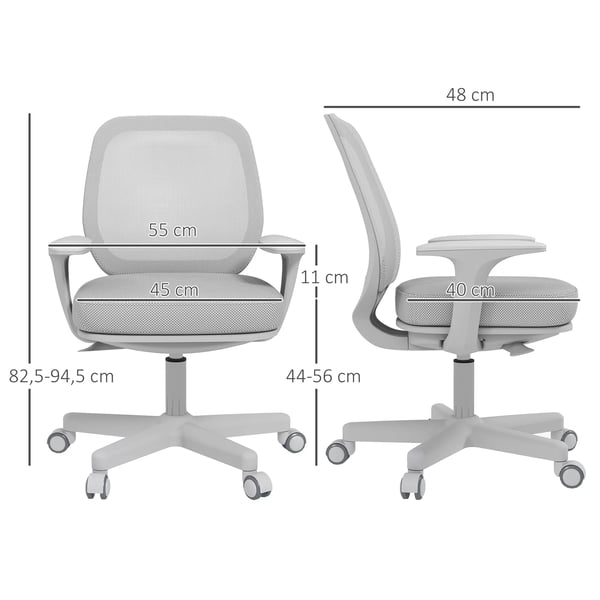 Vinsetto kontorstol, ergonomisk skrivebordsstol med drejefunktion, højdejusterbar 55 x 48 x 82,5-94,5 cm grå