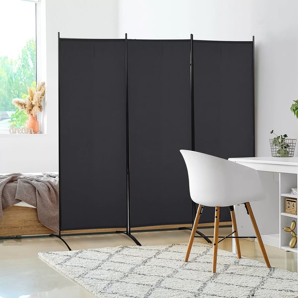 HOMCOM 3-delt Rumdeler, Skærmvæg med Metalramme, Sort Polyester, 253B x 182H cm