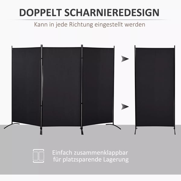 HOMCOM 3-delt Rumdeler, Skærmvæg med Metalramme, Sort Polyester, 253B x 182H cm