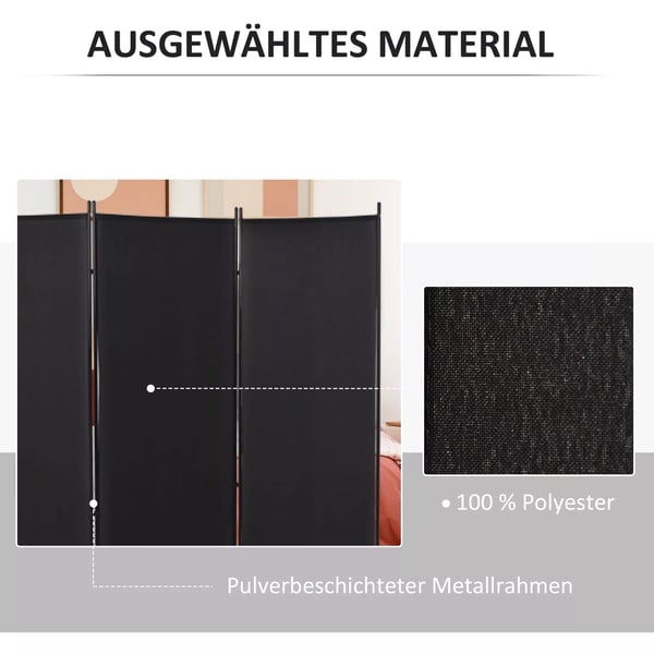 HOMCOM 3-delt Rumdeler, Skærmvæg med Metalramme, Sort Polyester, 253B x 182H cm
