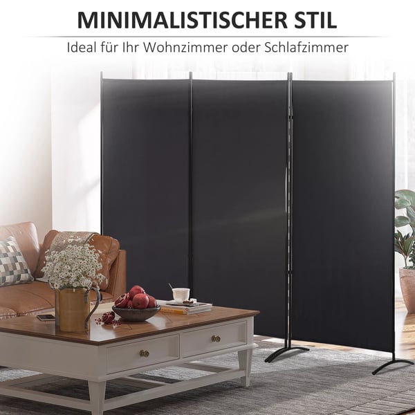 HOMCOM 3-delt Rumdeler, Skærmvæg med Metalramme, Sort Polyester, 253B x 182H cm