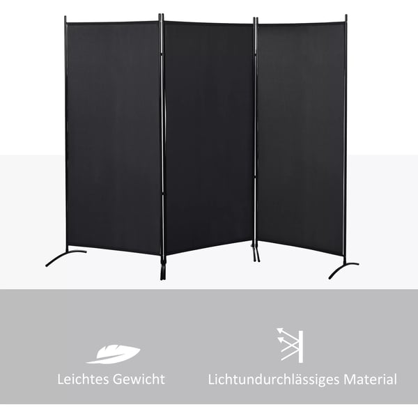 HOMCOM 3-delt Rumdeler, Skærmvæg med Metalramme, Sort Polyester, 253B x 182H cm