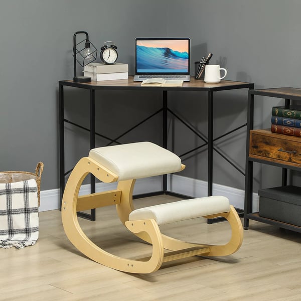 HOMCOM Ergonominen keinutuoli, koivupuuta ja pellavaa, luonnonvalkoinen