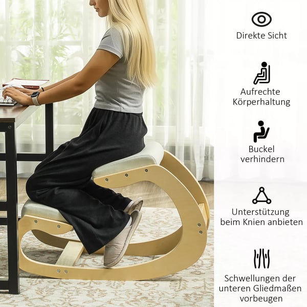 HOMCOM Ergonominen keinutuoli, koivupuuta ja pellavaa, luonnonvalkoinen