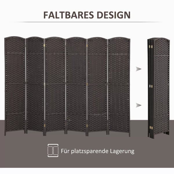HOMCOM 6-delt rumdeler, foldbar privatlivsskærm i fyrretræ og polypropylen, brun