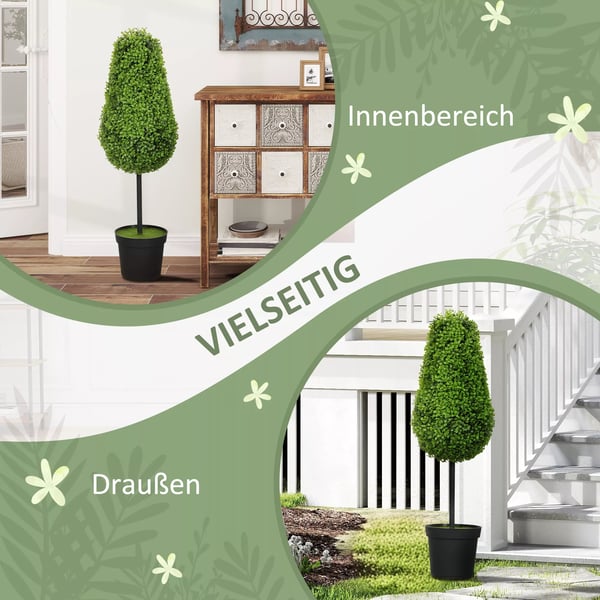 HOMCOM 2 stk. Kunstige Buxbom Planter 90cm Grøn Plast, Tåreformet Kunstplante i Pott med UV-beskyttelse