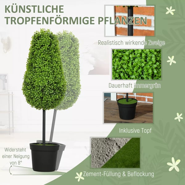 HOMCOM 2 stk. Kunstige Buxbom Planter 90cm Grøn Plast, Tåreformet Kunstplante i Pott med UV-beskyttelse