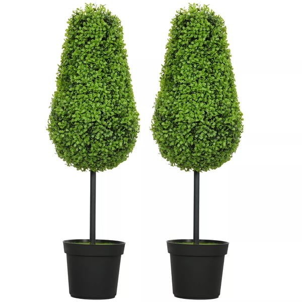 HOMCOM 2 stk. Kunstige Buxbom Planter 90cm Grøn Plast, Tåreformet Kunstplante i Pott med UV-beskyttelse