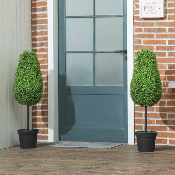 HOMCOM 2 stk. Kunstige Buxbom Planter 90cm Grøn Plast, Tåreformet Kunstplante i Pott med UV-beskyttelse