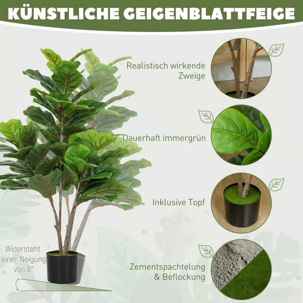 HOMCOM Figenkirsebætræ 110cm, Kunstig Plante med 60 Blade, Grøn Plastik, til Indendørs Brug
