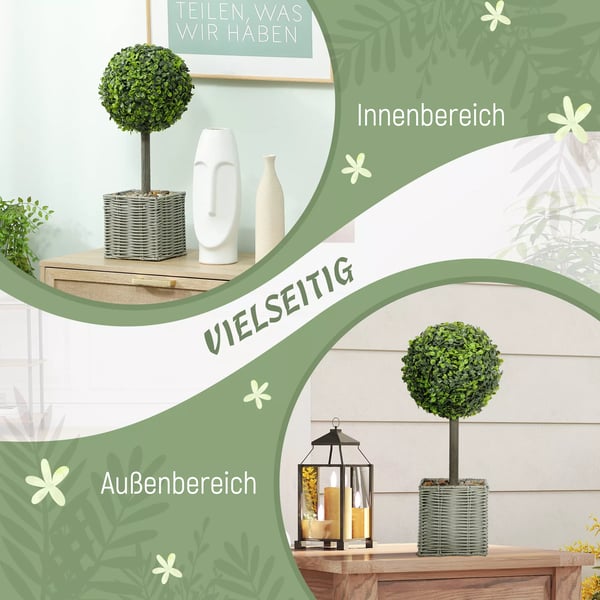 HOMCOM 2 stk Kunstige Buksbom Planter, UV-bestandige, Plastik, Cement, Grøn - Indendørs/Udendørs Dekoration.