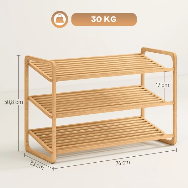 Bambushylly, kenkähylly, eteiskaluste, 3-tasoinen, luonnonpuu/bambu, 30kg kantavuus